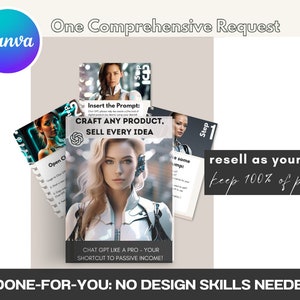 May include: A digital product mockup with the text "CRAFT ANY PRODUCT, SELL EVERY IDEA" and "CHAT GPT LIKE A PRO - YOUR SHORTCUT TO PASSIVE INCOME!"  The image also includes the text "One Comprehensive Request" and "resell as your own keep 100% of profit".