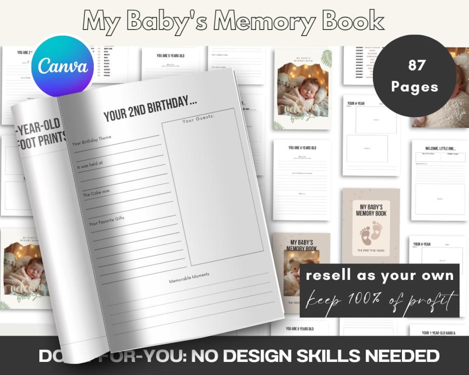 Printable Baby Memory Book: First Five Years, Milestone Tracker (canva ...