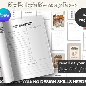 May include: A black and white printable baby memory book with 87 pages. The cover features the text "My Baby's Memory Book" and a photo of a baby. The book includes pages for recording milestones, photos, and memories. The text "resell as your own keep 100% of profit" is visible on the page.