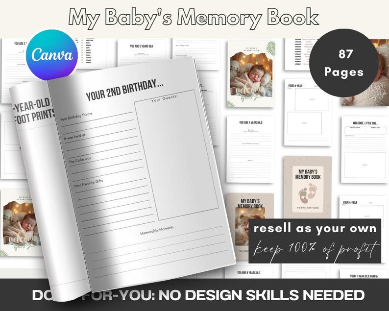 May include: A black and white printable baby memory book with 87 pages. The cover features the text "My Baby's Memory Book" and a photo of a baby. The book includes pages for recording milestones, photos, and memories. The text "resell as your own keep 100% of profit" is visible on the page.