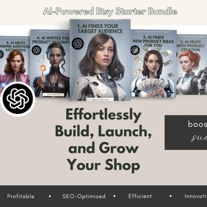 Puede incluir: Un collage de cinco imágenes que muestran herramientas impulsadas por IA para vendedores de Etsy. Cada imagen presenta a una mujer con un aspecto futurista, que representa diferentes aspectos de la gestión de una tienda Etsy, como la búsqueda de públicos objetivo, ideas de productos, descripciones de productos, palabras clave y creación de productos.