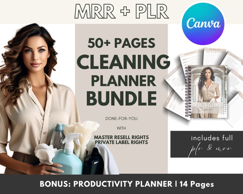 Editable Canva Template Cleaning Bundle MRR PLR Cleaning Checklist with Master Resell Rights PLR Templates Canva Cleaning Schedule image 1