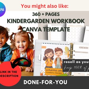 K&ouml;nnte beinhalten: Ein farbenfrohes Bild, das eine Kindergarten-Arbeitsbuchvorlage mit &uuml;ber 360 Seiten bewirbt. Die Vorlage verf&uuml;gt &uuml;ber ein verspieltes Design mit Comic-Kindern und einem farbenfrohen Cover. Der Text "resell as your own keep 100% of profit" ist im Bild enthalten.
