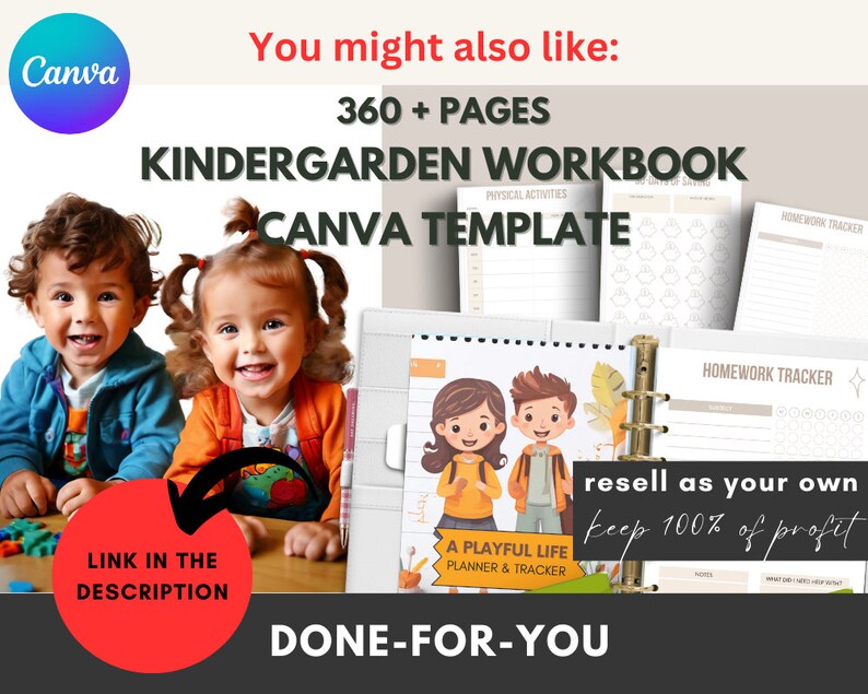 K&ouml;nnte beinhalten: Ein farbenfrohes Bild, das eine Kindergarten-Arbeitsbuchvorlage mit &uuml;ber 360 Seiten bewirbt. Die Vorlage verf&uuml;gt &uuml;ber ein verspieltes Design mit Comic-Kindern und einem farbenfrohen Cover. Der Text "resell as your own keep 100% of profit" ist im Bild enthalten.