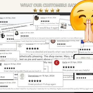 K&ouml;nnte beinhalten: Eine Collage von Kundenbewertungen f&uuml;r digitale Produkte mit F&uuml;nf-Sterne-Bewertungen und positiven Kommentaren. Die Bewertungen heben die Qualit&auml;t, den Wert und die N&uuml;tzlichkeit der Produkte hervor. Das Bild enth&auml;lt Text wie "Was unsere Kunden sagen", "Tolles Produkt, ich werde wieder einkaufen", und "Dieses Produkt war sehr hilfreich".