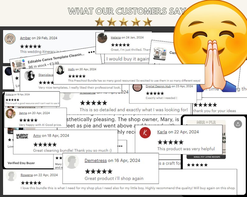 K&ouml;nnte beinhalten: Eine Collage von Kundenbewertungen f&uuml;r digitale Produkte mit F&uuml;nf-Sterne-Bewertungen und positiven Kommentaren. Die Bewertungen heben die Qualit&auml;t, den Wert und die N&uuml;tzlichkeit der Produkte hervor. Das Bild enth&auml;lt Text wie "Was unsere Kunden sagen", "Tolles Produkt, ich werde wieder einkaufen", und "Dieses Produkt war sehr hilfreich".