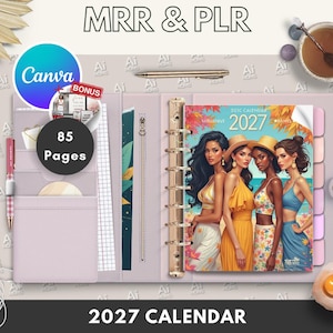 May include: A purple planner with 85 pages and a 2027 calendar design featuring four women in summery outfits. The planner has a gold ring binding and a Canva logo on the cover. The text "MRR & PLR" is at the top of the image.
