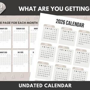 May include: A printable 2026 calendar with one page for each month. The calendar is undated and has a simple design with a beige background and black text.