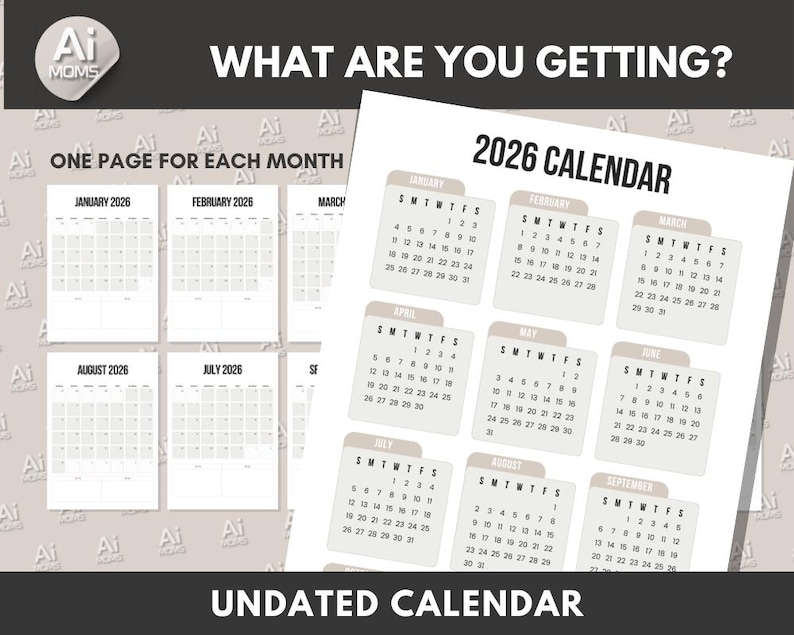 May include: A printable 2026 calendar with one page for each month. The calendar is undated and has a simple design with a beige background and black text.