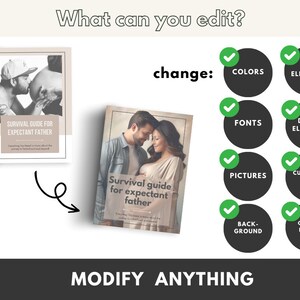 May include: A digital guide for expectant fathers with a couple on the cover. The guide is titled "Survival Guide for Expectant Father". The text "change:" is displayed with a list of editable features, including colours, fonts, pictures, background, and elements.