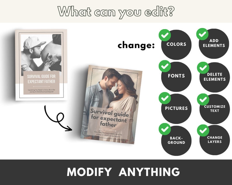 May include: A digital guide for expectant fathers with a couple on the cover. The guide is titled "Survival Guide for Expectant Father". The text "change:" is displayed with a list of editable features, including colours, fonts, pictures, background, and elements.