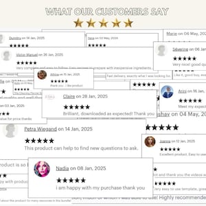 May include: A collage of customer reviews with five-star ratings and positive comments about a product. The reviews highlight the product's quality, value, and ease of use. The text includes phrases like "great value for price", "easy to use", and "highly recommended".