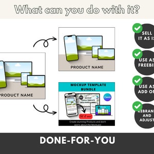 K&ouml;nnte beinhalten: Ein Mockup-Template-Bundle zum Erstellen atemberaubender Produkte. Das Bundle enth&auml;lt eine Vielzahl von Ger&auml;te-Mockups, darunter Telefone, Tablets und Laptops. Die Mockups sind f&uuml;r die Verwendung mit Canva, einer beliebten Online-Designplattform, konzipiert. Der Text "Get it now!" ist rot hervorgehoben. Der Text "Create stunning Products and don't worry about the Mockups!" ist ebenfalls enthalten.