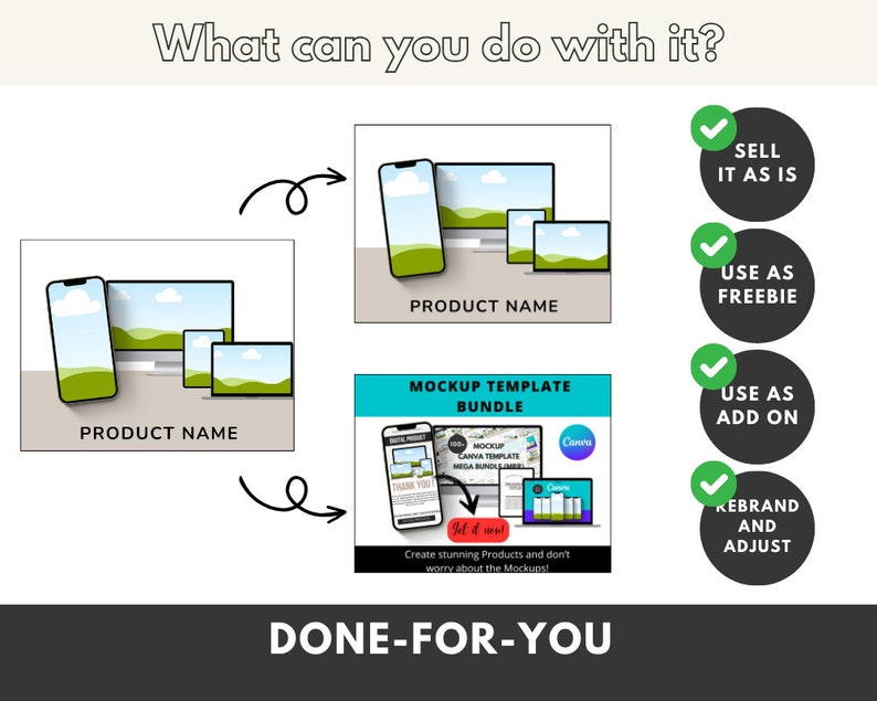K&ouml;nnte beinhalten: Ein Mockup-Template-Bundle zum Erstellen atemberaubender Produkte. Das Bundle enth&auml;lt eine Vielzahl von Ger&auml;te-Mockups, darunter Telefone, Tablets und Laptops. Die Mockups sind f&uuml;r die Verwendung mit Canva, einer beliebten Online-Designplattform, konzipiert. Der Text "Get it now!" ist rot hervorgehoben. Der Text "Create stunning Products and don't worry about the Mockups!" ist ebenfalls enthalten.