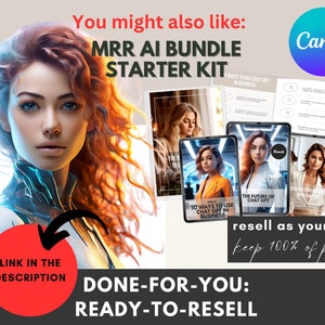 K&ouml;nnte beinhalten: Ein digitales Marketing-Paket mit einer futuristischen Frau im Vordergrund. Das Paket enth&auml;lt drei E-Books: "50 Ways to Use Chat GPT in Business", "The Future of Chat GPT" und "Scaling Your Business with AI Chatbots". Der Text "resell as your own keep 100% of profit" ist ebenfalls sichtbar. Der Text "DONE-FOR-YOU: READY-TO-RESELL" befindet sich am unteren Rand des Bildes.