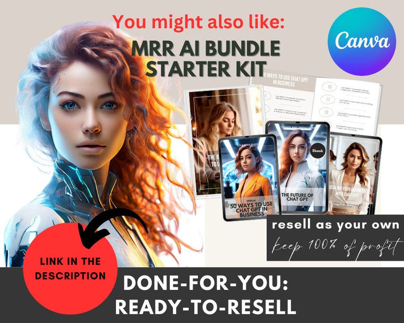 K&ouml;nnte beinhalten: Ein digitales Marketing-Paket mit einer futuristischen Frau im Vordergrund. Das Paket enth&auml;lt drei E-Books: "50 Ways to Use Chat GPT in Business", "The Future of Chat GPT" und "Scaling Your Business with AI Chatbots". Der Text "resell as your own keep 100% of profit" ist ebenfalls sichtbar. Der Text "DONE-FOR-YOU: READY-TO-RESELL" befindet sich am unteren Rand des Bildes.