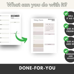 May include: A digital printable planner template for December with a weekly planner section and a calendar section. The image shows different ways to use the planner, such as selling it as is, using it as a freebie, using it as an add-on, or rebranding and adjusting it.