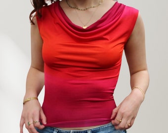 Handmade Red Ombré Slinky Cowl Neck Vest Tank Top