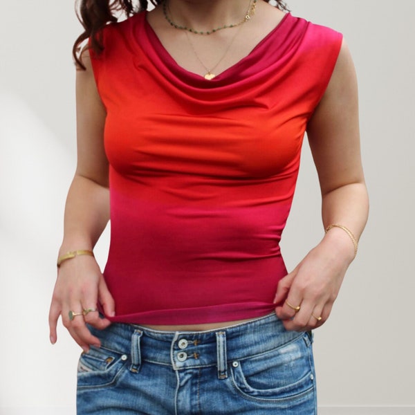 Handmade Red Ombré Slinky Cowl Neck Vest Tank Top