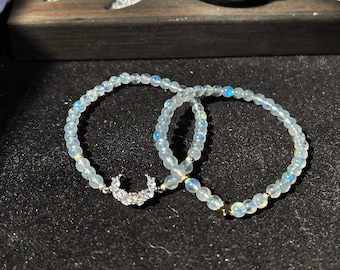 Bule Moonstone Bracelet with Star & Moon Charms - Original Design Customizable Size, 5mm Beads, Stacking Bracelet
