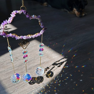 Natural Crystal Sun Catcher - Handmade Gemstone Cloud Rainbow Maker Suncatcherwith Green Aventurine, Amethyst, or Fluorite - 42cm x 10cm