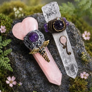 Peut inclure: Deux baguettes en cristal : une en quartz rose en forme de cœur avec un emblème caducée argenté et une pierre violette, et une en quartz clair avec une bande métallique sombre, une pierre violette et un petit accent en quartz rose.
