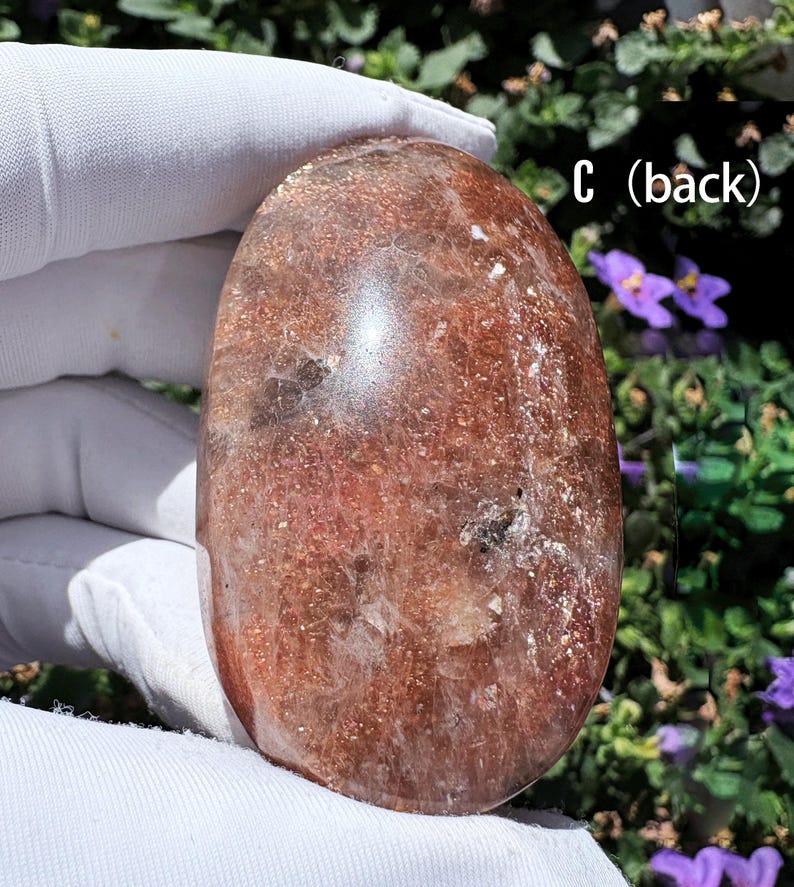 High-Quality Arusha Sunstone Palm Stone Premium Grade Stunning Double-Sided Rainbow Flash Rare Orange Sunstone Pocket Crystal Tumbled Stone image 12
