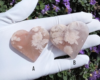 Pink Flower Agate Heart Crystal, Cherry Blossom Sakura Agate Palm Stone, Heart Chakra Self Love New Beginnings Gift