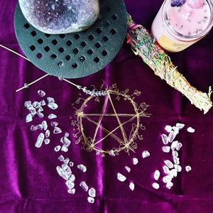 Tarot card holder moon phases. Tarot deck holder, Oracle card stand with candle crystal holder, Fits 3 Cards, Handmade wood Altar Tools Purple Tablecloth
