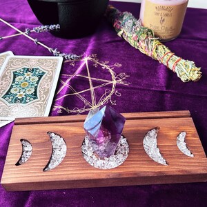 Tarot card holder moon phases. Tarot deck holder, Oracle card stand with candle crystal holder, Fits 3 Cards, Handmade wood Altar Tools image 3