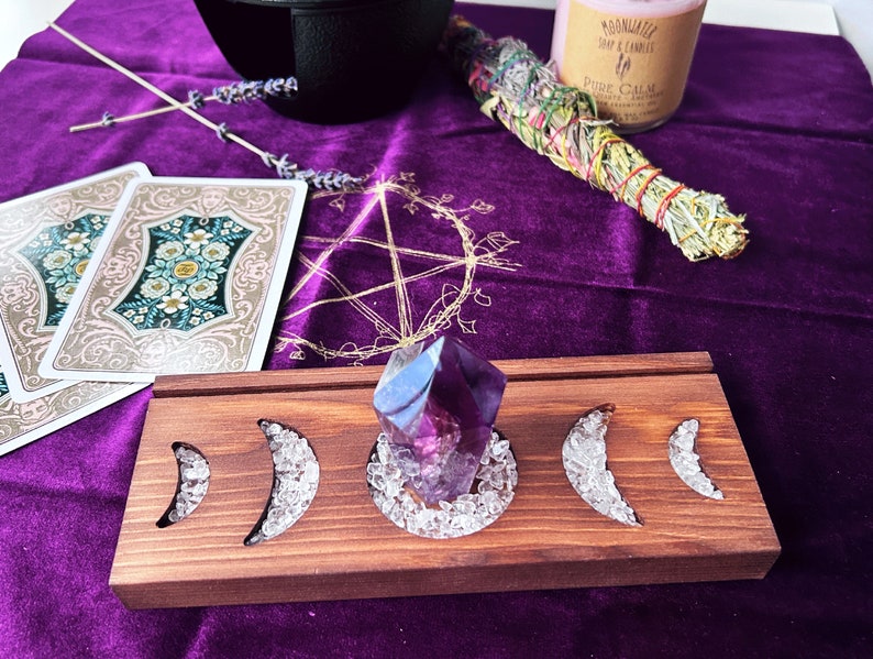 Tarot card holder moon phases. Tarot deck holder, Oracle card stand with candle crystal holder, Fits 3 Cards, Handmade wood Altar Tools image 3