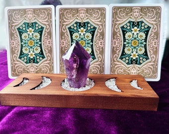 Tarot card holder moon phases. Tarot deck holder, Oracle card stand with candle crystal holder, Fits 3 Cards, Handmade wood Altar Tools