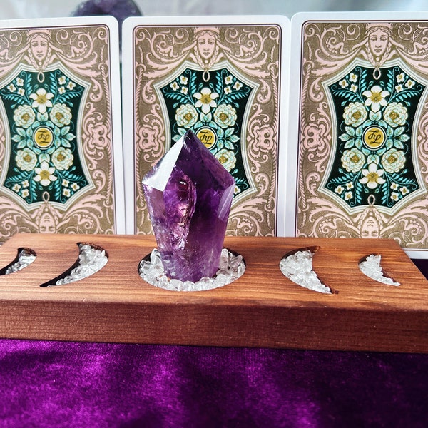 Tarot card holder moon phases. Tarot deck holder, Oracle card stand with candle crystal holder, Fits 3 Cards, Handmade wood Altar Tools