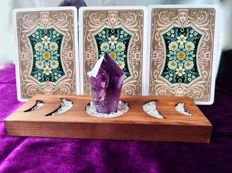 Tarot card holder moon phases. Tarot deck holder, Oracle card stand with candle crystal holder, Fits 3 Cards, Handmade wood Altar Tools image 1