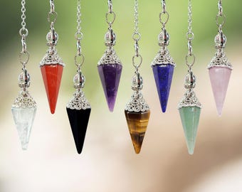 Pêndulo de cristal feito à mão com quartzo transparente, obsidiana negra, olho de tigre, ametista, quartzo rosa, pêndulo de cone facetado de pedra preciosa