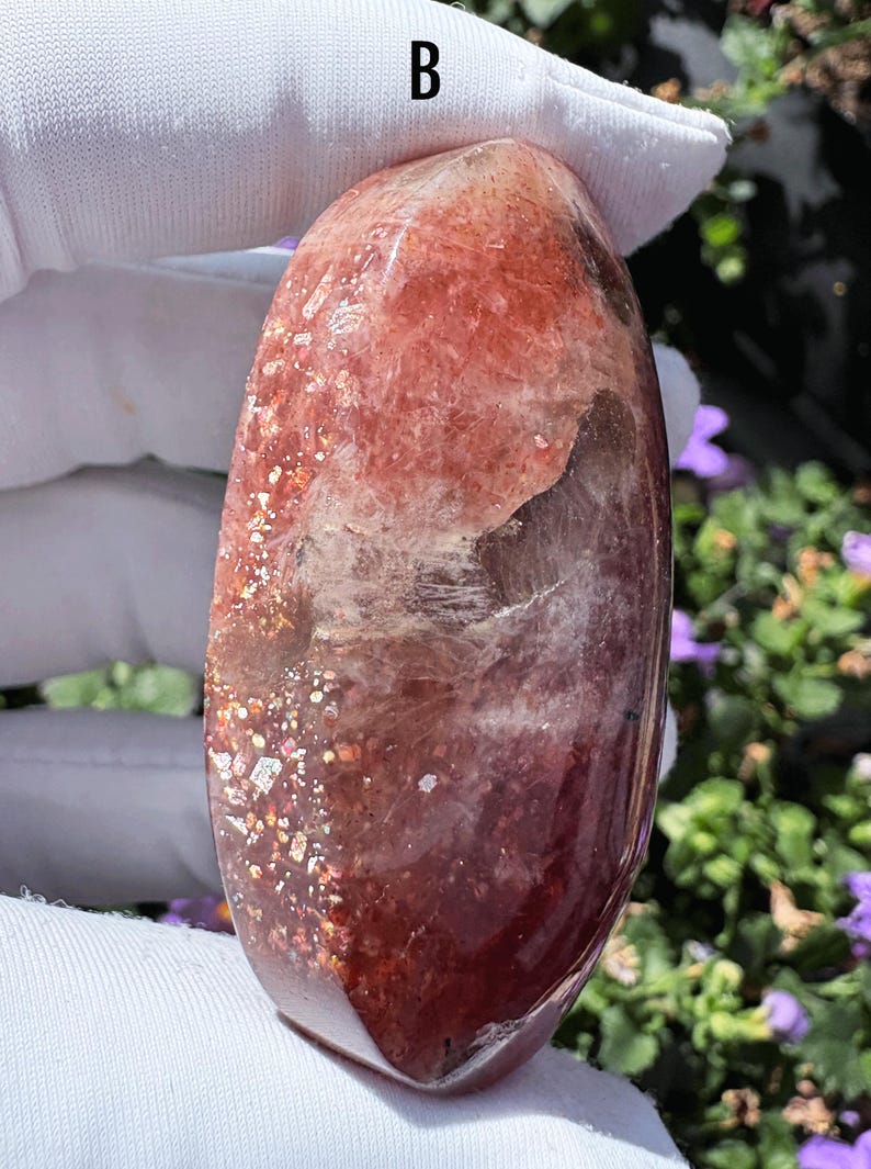 High-Quality Arusha Sunstone Palm Stone Premium Grade Stunning Double-Sided Rainbow Flash Rare Orange Sunstone Pocket Crystal Tumbled Stone image 9