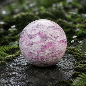 Peut inclure: Une pierre sphérique présentant un motif tacheté d'inclusions minérales magenta vif, violet profond et blanc crème. La surface de l'orbe est polie pour obtenir une finition lisse, révélant une texture cristalline naturelle et complexe.