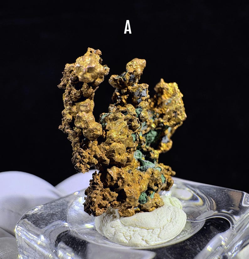 Puede incluir: Primer plano de un esp&eacute;cimen mineral de color dorado con una superficie rugosa y texturizada. El mineral tiene un grupo de formas irregulares con toques de verde y est&aacute; montado sobre una base blanca dentro de un soporte de vidrio transparente. La letra "A" es visible en la parte superior central.