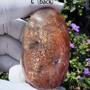High-Quality Arusha Sunstone Palm Stone Premium Grade Stunning Double-Sided Rainbow Flash Rare Orange Sunstone Pocket Crystal Tumbled Stone image 11