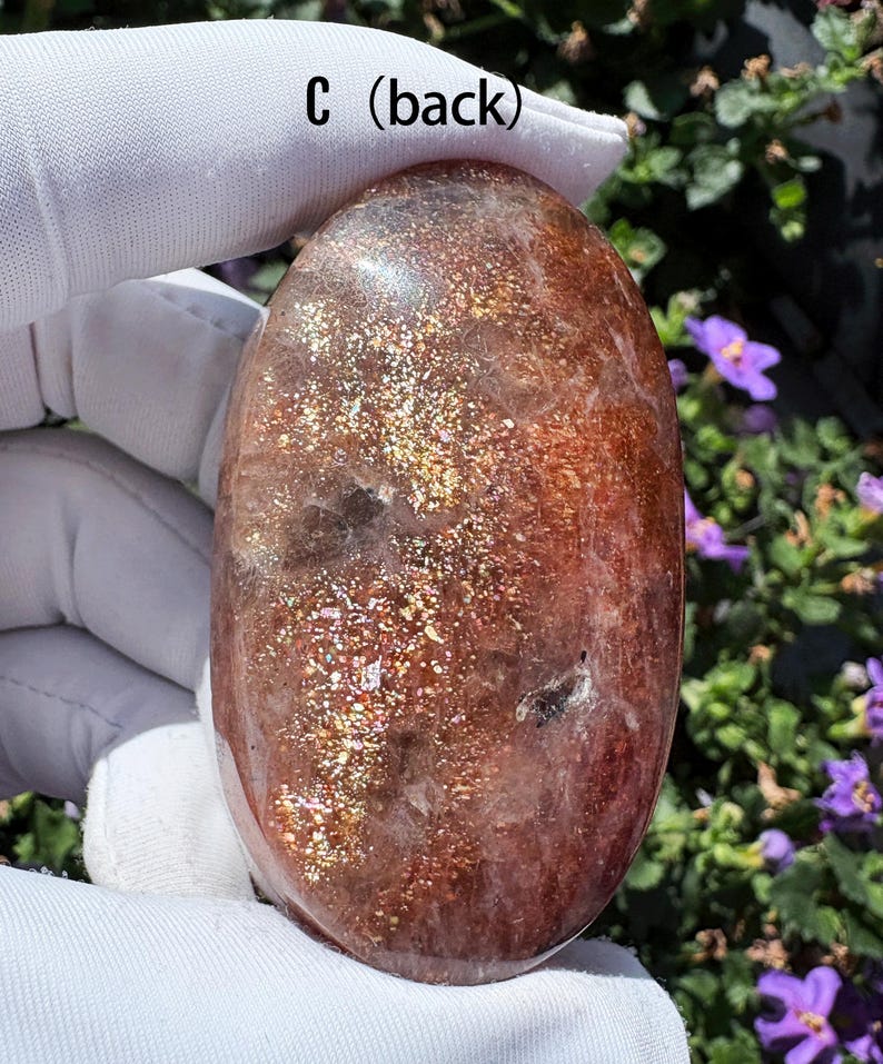 High-Quality Arusha Sunstone Palm Stone Premium Grade Stunning Double-Sided Rainbow Flash Rare Orange Sunstone Pocket Crystal Tumbled Stone image 11
