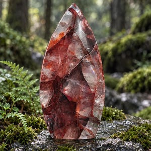 May include: A polished, flame-shaped crystal sculpture featuring a complex internal structure with deep red, maroon, and clear quartz inclusions. The surface is smooth and faceted, displaying a network of natural fractures and mineral veins.