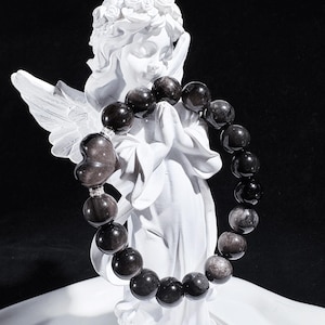 Bracciale in ossidiana nera naturale con argento flash / Perline da 10 mm / Design unico / Gioielli in cristallo di protezione e messa a terra / Polso da 16 cm