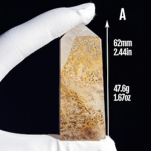 May include: A clear quartz crystal point with brown dendritic inclusions. The crystal is approximately 2.44 inches tall and weighs 1.67 ounces.