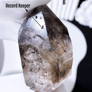 Op de afbeelding: Een rookkwartskristal met de tekst "Record Keeper" en de letter "B". Het kristal heeft een lichtbruine kleur met een facetvorm. Het kristal wordt vastgehouden door een gehandschoende hand.