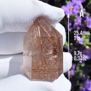 以下が含まれることがあります： 銅色の針状のインクルージョンを含む、透明でファセットカットされたルチルクォーツのクリスタルポイント。クリスタルにはAのラベルがあり、テキストと測定矢印が示すように、高さは25.4mm、重量は9.7gです。