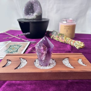 Tarot card holder moon phases. Tarot deck holder, Oracle card stand with candle crystal holder, Fits 3 Cards, Handmade wood Altar Tools image 2