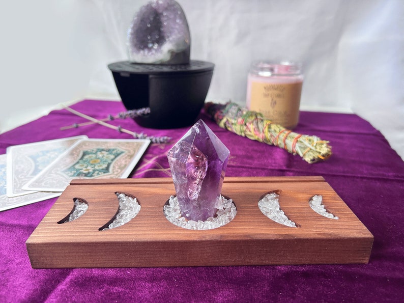 Tarot card holder moon phases. Tarot deck holder, Oracle card stand with candle crystal holder, Fits 3 Cards, Handmade wood Altar Tools image 2