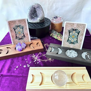 Tarot card holder moon phases. Tarot deck holder, Oracle card stand with candle crystal holder, Fits 3 Cards, Handmade wood Altar Tools image 4