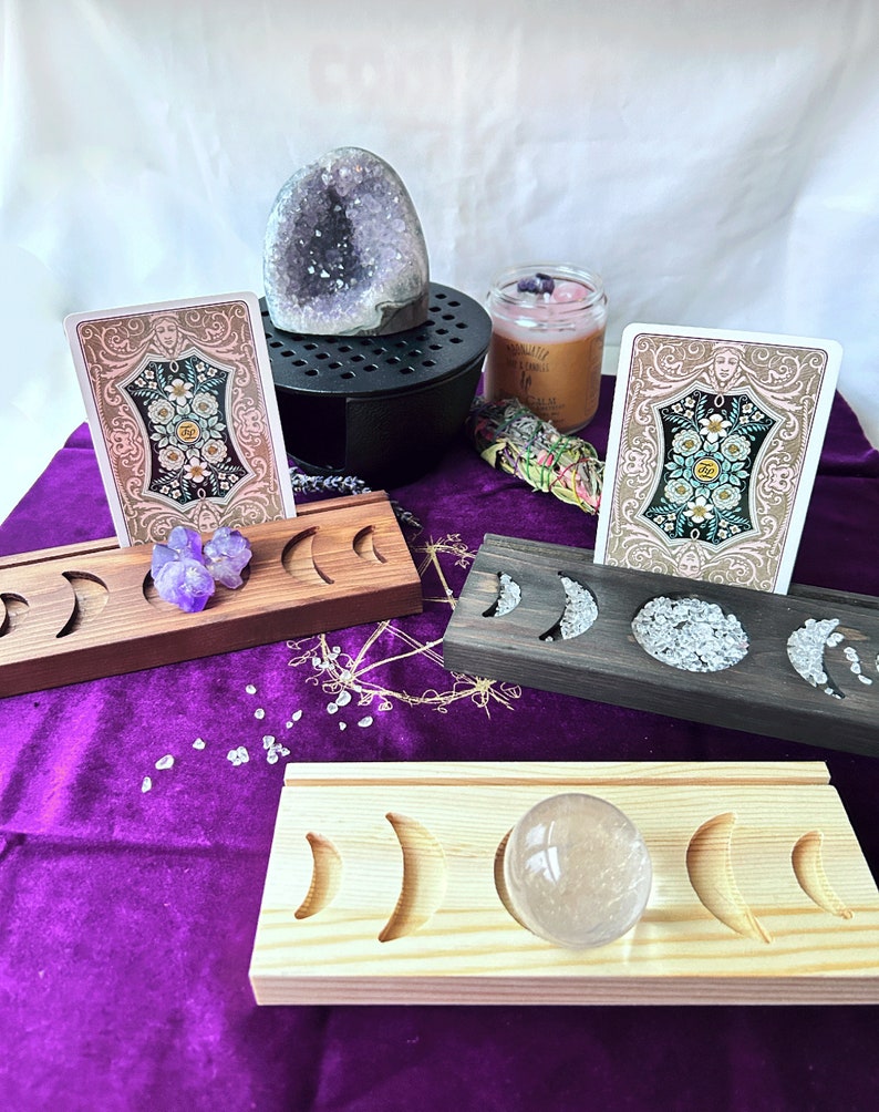 Tarot card holder moon phases. Tarot deck holder, Oracle card stand with candle crystal holder, Fits 3 Cards, Handmade wood Altar Tools image 4