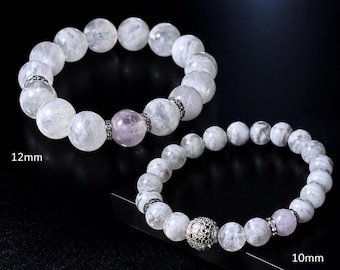 White Phantom Quartz Bracelet with Bridal Veil Inclusions Natural Ghost Quartz Crystal Bead Jewelry Gift for Wedding Anniversary Birthday